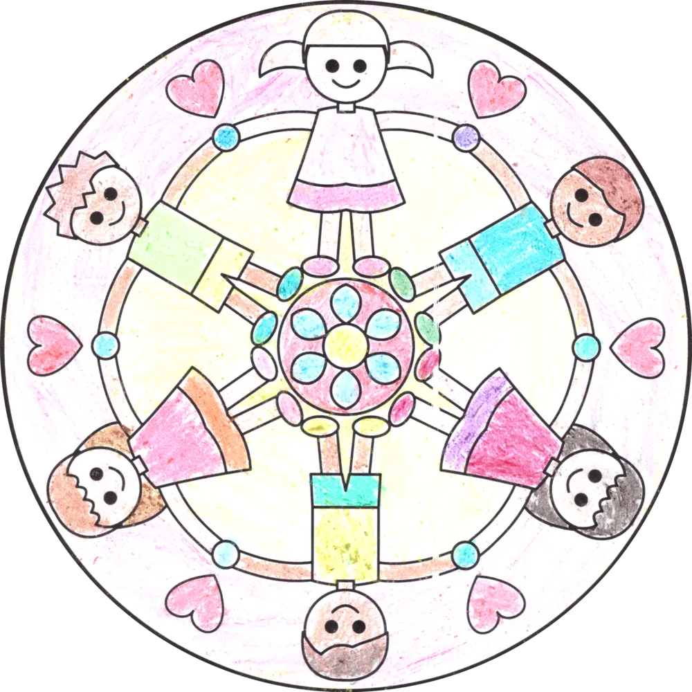 Das Mandala vom Cover, von Leonie mit Buntstiften ausgemalt: sechs Kinder fassen sich an den Händen
